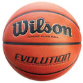 Wilson Evolution Official Basketball, orange with black lettering, close-up front view.