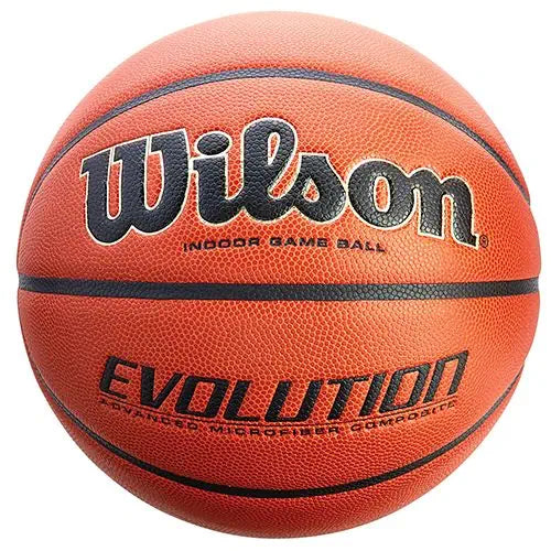 Wilson Evolution Official Basketball, orange with black lettering, close-up front view.