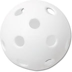 White 9-inch plastic training baseball with circular airflow holes, shown from a front-facing perspective.