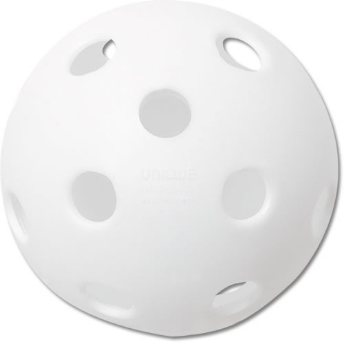 White 9-inch plastic training baseball with circular airflow holes, shown from a front-facing perspective.