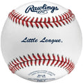 A Rawlings Little League baseball with red stitching, white leather cover, and branded text centered on a white background.