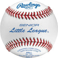 Rawlings Senior Little League baseball with red stitching, white leather cover, and blue branding on a centered view.