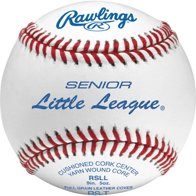 Rawlings Senior Little League baseball with red stitching, white leather cover, and blue branding on a centered view.