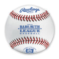 Rawlings Babe Ruth League baseball with red stitching and blue branding on a white leather surface, centered front view.