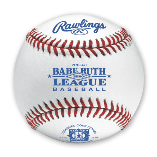 Rawlings Babe Ruth League baseball with red stitching and blue branding on a white leather surface, centered front view.