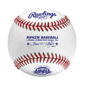 A Rawlings Cal Ripken baseball featuring red stitching, blue branding, and the Babe Ruth League logo on a white leather ball.