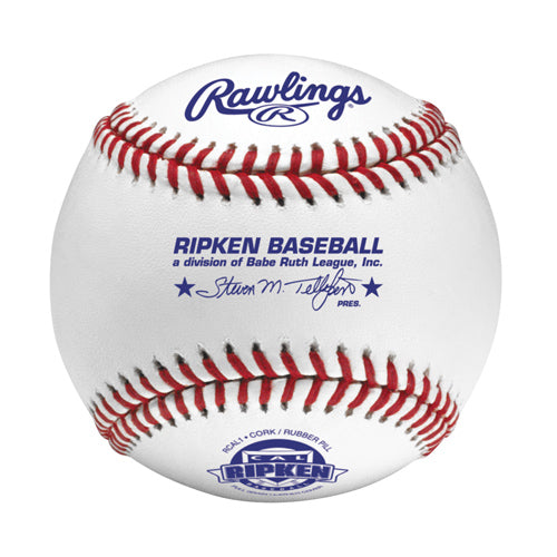 A Rawlings Cal Ripken baseball featuring red stitching, blue branding, and the Babe Ruth League logo on a white leather ball.
