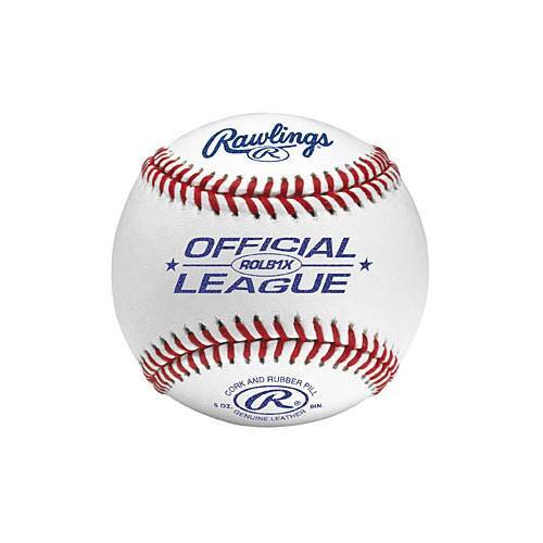 Rawlings ROLB1X baseball featuring red stitching, white leather, and blue official branding on a centered front view.