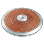 PORTaPit Olympic wood discus featuring a circular wooden body with a silver metal rim and central plate, viewed from a high angle.