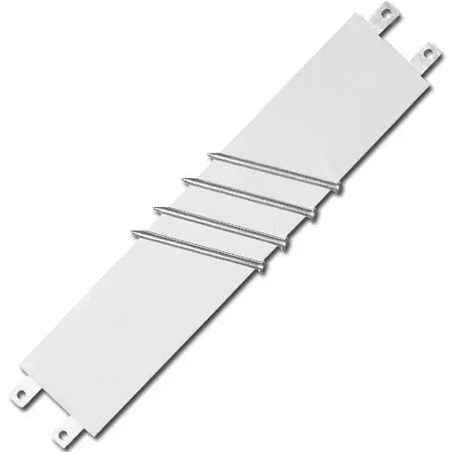 White rectangular pitcher's rubber with metal spikes at both ends, shown at a diagonal angle.