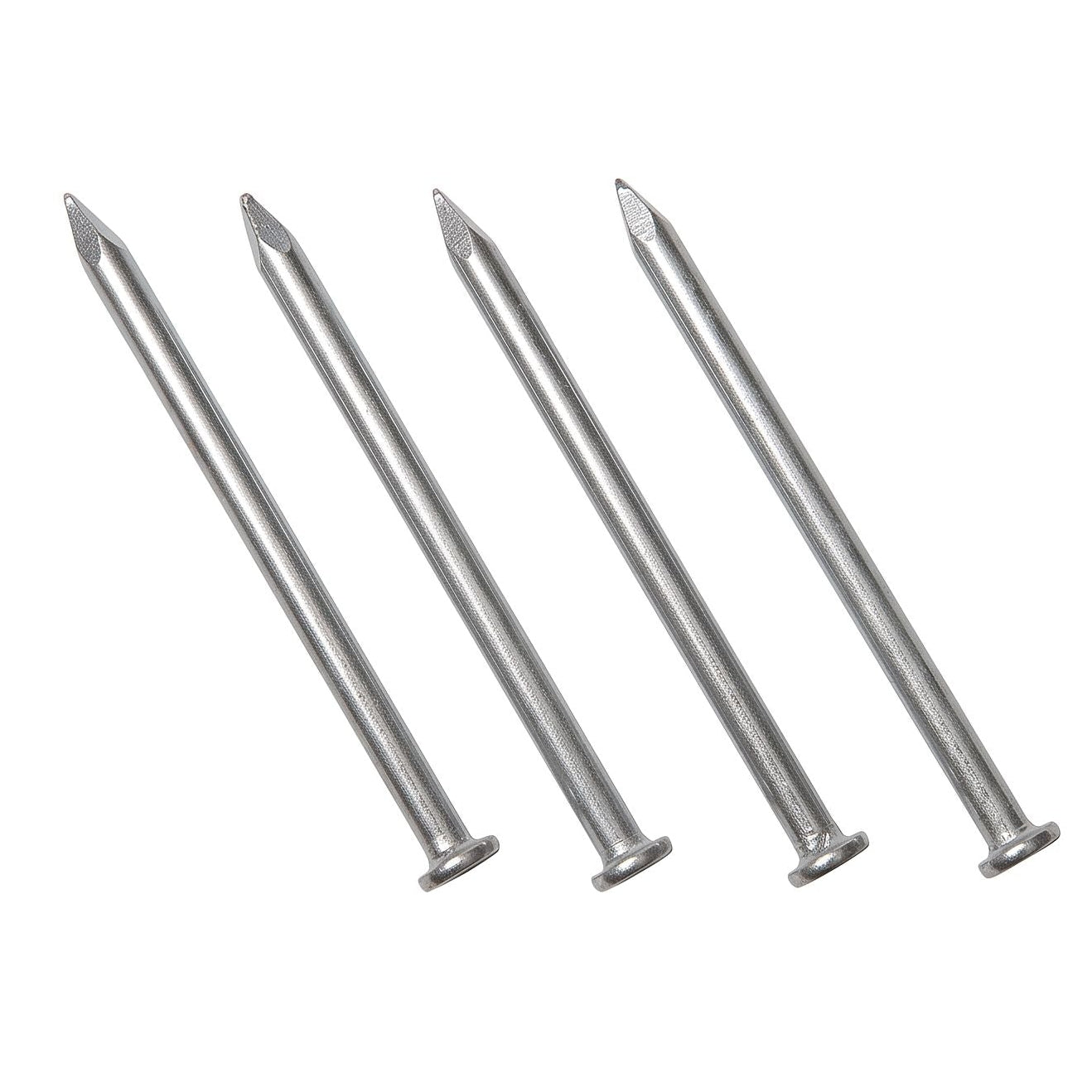 Four silver-toned, pointed metal hammer spikes for rubber bases, arranged diagonally against a white background.