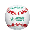 Diamond DBP practice baseball with white leather, red stitching, and green branding on a centered front view.