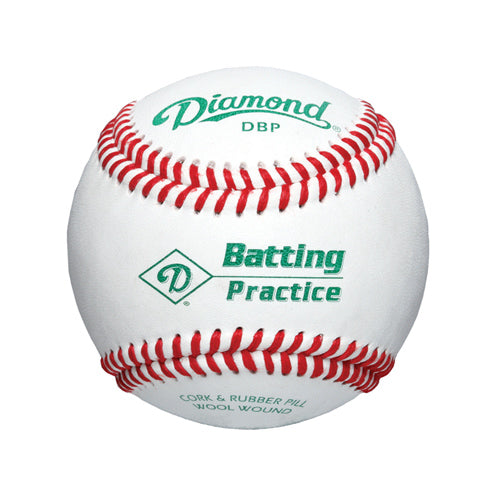 Diamond DBP practice baseball with white leather, red stitching, and green branding on a centered front view.