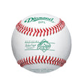Diamond DPL Pony League baseball with red stitching, white leather cover, and green branding on a centered front view.