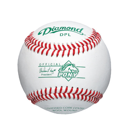 Diamond DPL Pony League baseball with red stitching, white leather cover, and green branding on a centered front view.