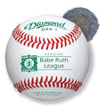 Diamond DBR-1 Babe Ruth League baseball with red stitching, white leather, and a visible cork and rubber core cross-section.