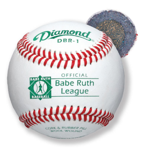 Diamond DBR-1 Babe Ruth League baseball with red stitching, white leather, and a visible cork and rubber core cross-section.