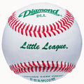 Diamond DLL Little League baseball with red stitching and green branding on a white leather surface, centered view.