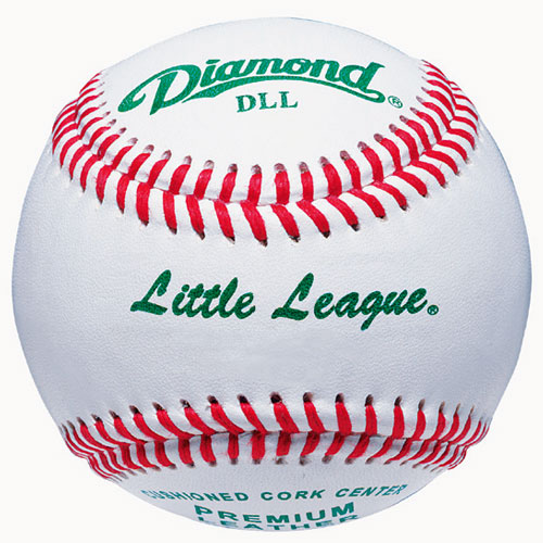 Diamond DLL Little League baseball with red stitching and green branding on a white leather surface, centered view.