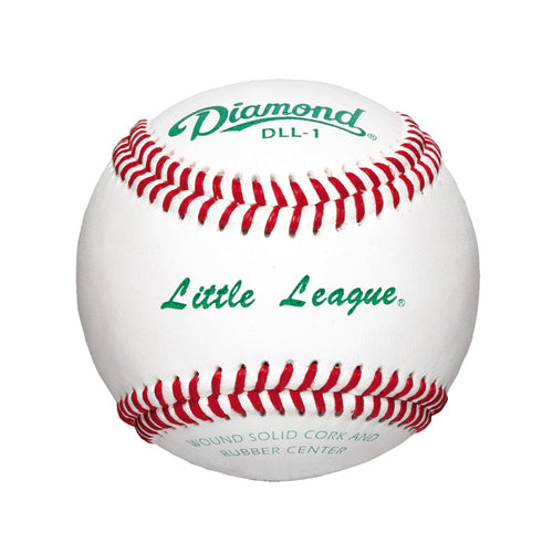 A white Diamond DLL-1 Little League baseball with red stitching, shown from a front-facing angle on a white background.