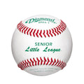 Diamond DSLL-1 Senior Little League baseball with red stitching and green branding on a white leather cover.