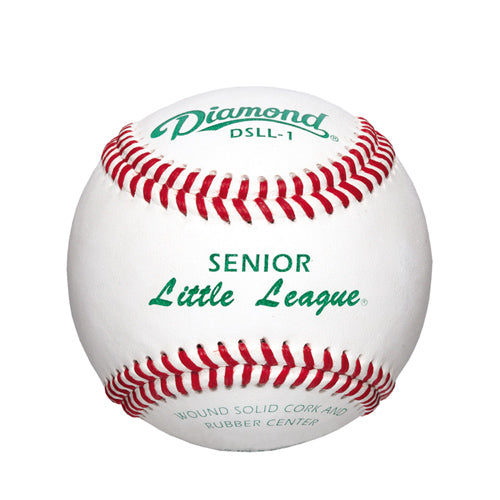 Diamond DSLL-1 Senior Little League baseball with red stitching and green branding on a white leather cover.