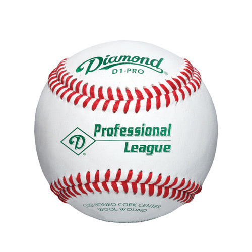 Diamond D1-PRO baseball with red stitching, green branding, and "Professional League" text on a white leather surface.