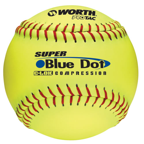 Worth Super Blue Dot yellow softball with red stitching, shown from a front-facing angle.