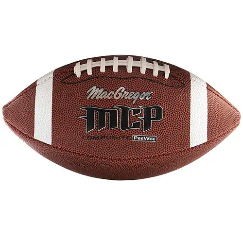 Brown MacGregor junior composite football with white laces and stripes, shown from a side angle.