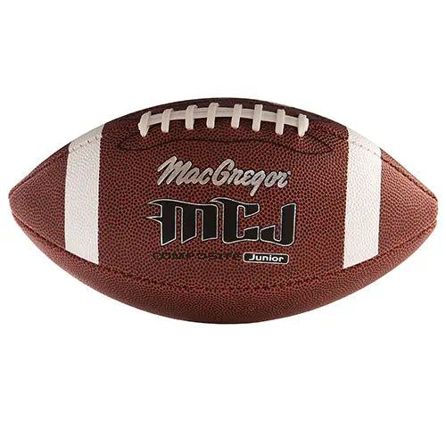 MacGregor Junior Composite football, brown with white stripes and black logo, angled view.