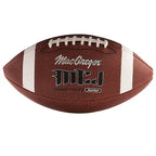 MacGregor Junior Composite football, brown with white stripes and black logo, angled view.