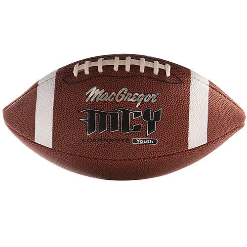 Brown MacGregor youth composite football with white stripes and laces, shown from a side angle.