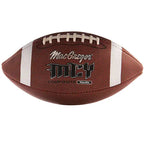 Brown MacGregor youth composite football with white stripes and laces, shown from a side angle.