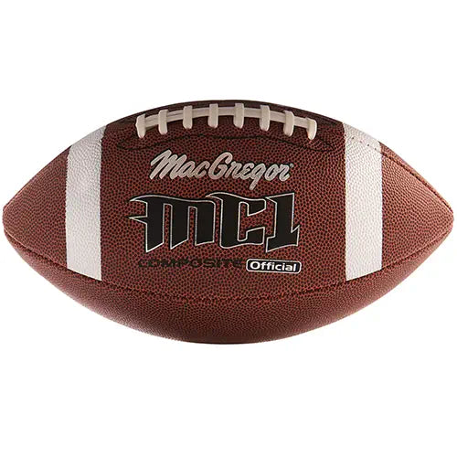 Brown MacGregor junior composite football with white stripes, shown at an angle.