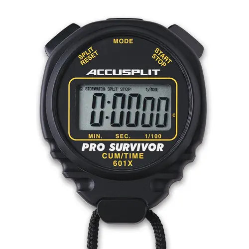 Black Accusplit Pro Survivor 601X stopwatch with digital display showing 0:00:00.