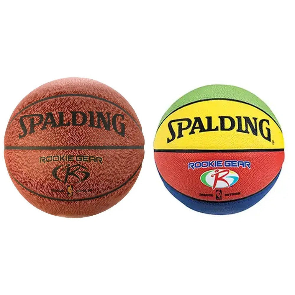 Two Spalding Rookie Gear basketballs, one in traditional orange and one in a multi-colored design, shown side-by-side.