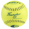 A bright yellow Dudley Thunder SY 11-inch slow pitch softball with blue stitching and branding, viewed from the front.