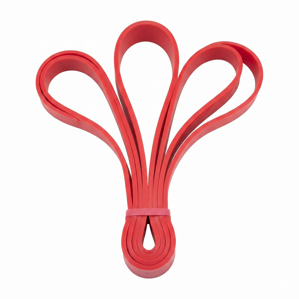 Red resistance loop bands fanned out and secured with a pink band.