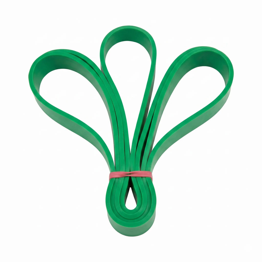 Green resistance loop bands bundled with a pink band, fanned out against a white background.