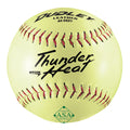A yellow Dudley Thunder Heat leather softball with red stitching and an ASA certification logo, shown from a front-facing angle.