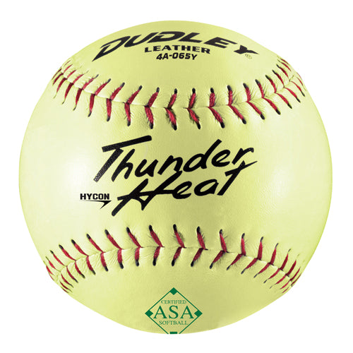 A yellow Dudley Thunder Heat leather softball with red stitching and an ASA certification logo, shown from a front-facing angle.