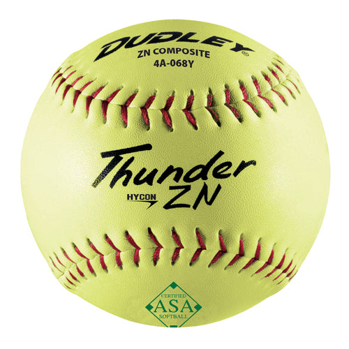 Dudley Thunder ZN HyCon composite softball with bright yellow cover, red stitching, and ASA certification logo.
