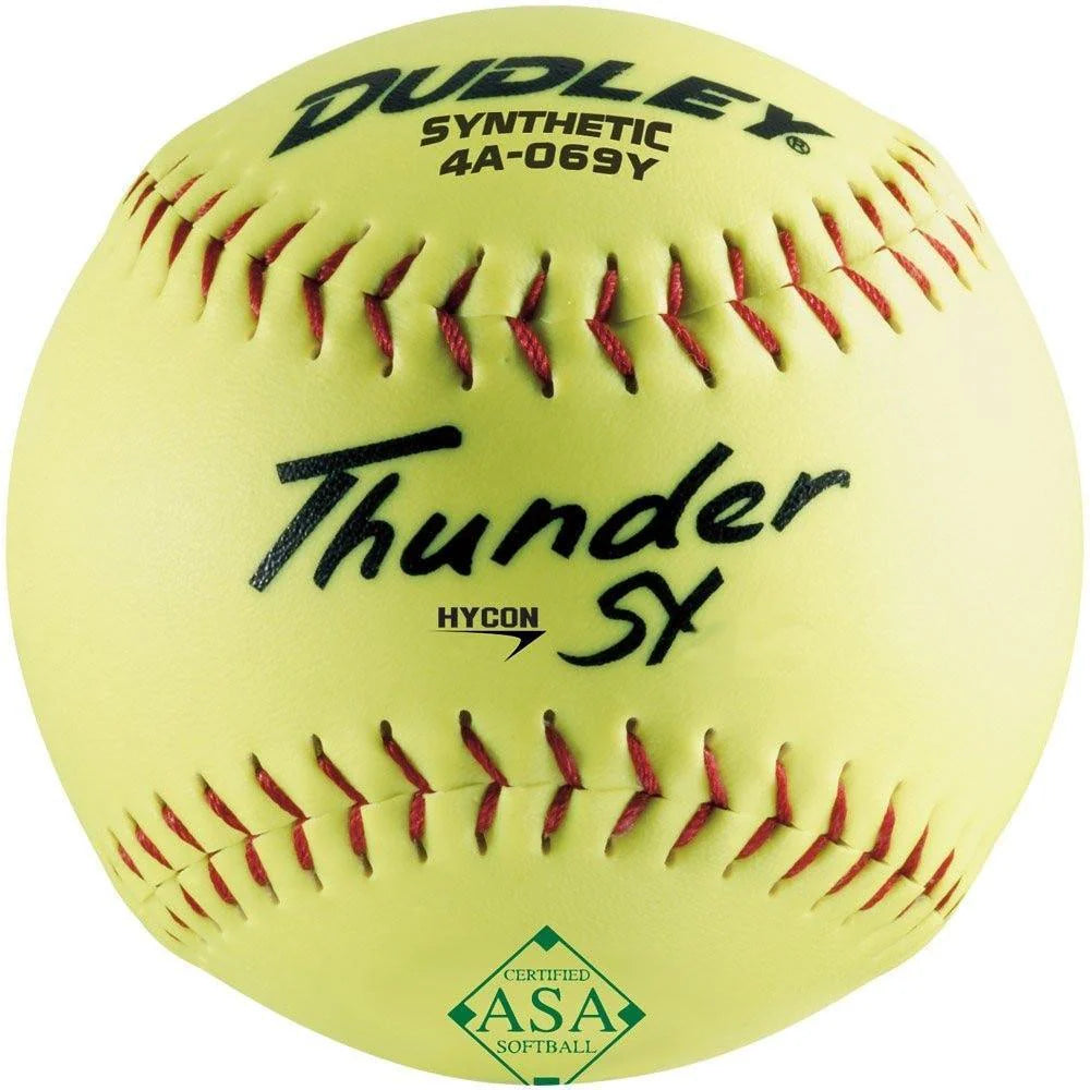Yellow softball with red stitching and 'Dudley' branding on a white background