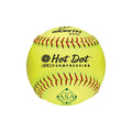 A yellow Worth ASA Hot Dot softball with red stitching, viewed from a centered, front-facing angle.