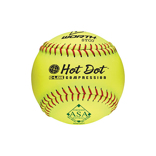 A yellow Worth ASA Hot Dot softball with red stitching, viewed from a centered, front-facing angle.