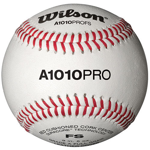 Wilson A1010 PRO flat seam baseball with red stitching and black branding on a white leather cover, centered view.
