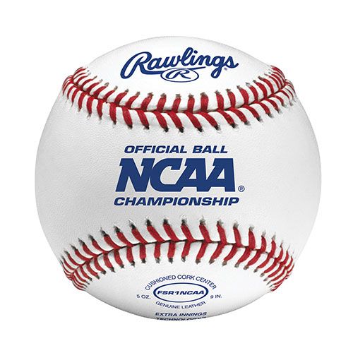 Rawlings R1NCAA baseball with red stitching, white leather, and blue NCAA Championship branding on a centered view.