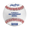 Rawlings R100NAIA official NAIA championship baseball with red stitching and blue branding on a white leather surface.