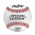 Rawlings FSOLBX flat seam baseball with red stitching and black branding on a white leather surface, centered front view.