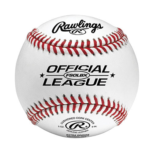 Rawlings FSOLBX flat seam baseball with red stitching and black branding on a white leather surface, centered front view.